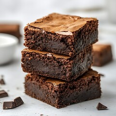 Chocolate brownies on a light background. Selective focus.