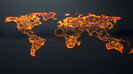 Digital Global Network: Illuminated Map of the World with Connecting Lines and Nodes in Orange Glow