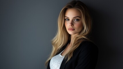 Fototapeta premium A portrait of a young Caucasian woman with long blonde hair, exuding confidence in a stylish black blazer.