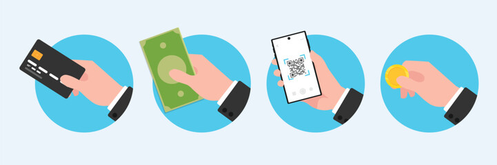 Set of hands payment in different option, Hand holding credit card or debit card smart phone golden coin and dollar banknotes for paying.