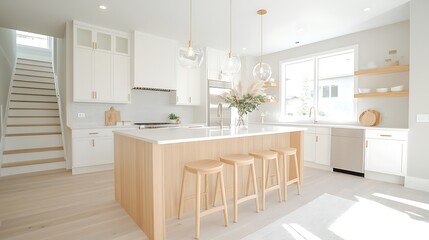 Fototapeta premium Modern kitchen design residential home interior photography bright space wide angle aesthetic appeal