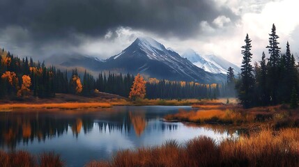 Autumn Serenity: Tranquil Lake Reflecting Mountains and Vibrant Foliage