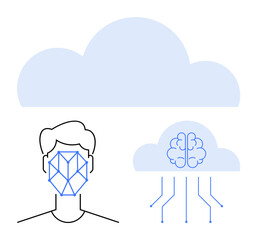 Facial recognition geometry overlay on a human face connects to a cloud with a brain, symbolizing AI, neural networks, and cloud computing. Ideal for tech, AI, cloud storage, cyber security