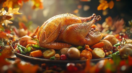 Thanksgiving dinner banner roasted turkey autumn vegetables festive table