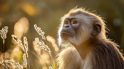 Fototapeta premium Captivating portrait of a thoughtful monkey basking in the golden hour light
