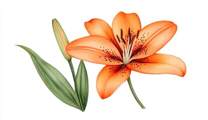Fototapeta premium Orange Lily Watercolor Painting with Bud and Leaves