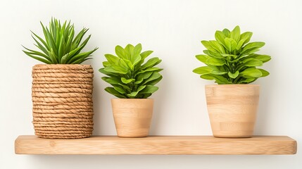 Fototapeta premium Stylish indoor plant display on wooden shelf home decor minimalist style bright environment close-up view