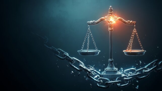 International Anti-Corruption Day Representation with Scales and Broken Chains on a dark background. World Day of Social Justice