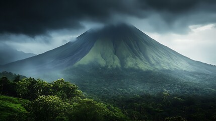 Dramatic view of the majestic volcano under an overcast sky in the tropics