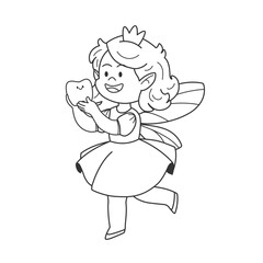 Magical flying tooth fairy with tooth. Educational coloring book for kids. Dental care coloring. Cartoon line art, vector illustration