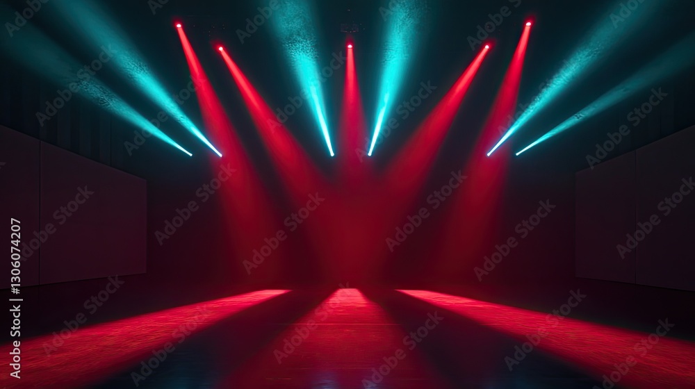 Poster a clean concert venue with stage lights illuminating the empty stage, casting colorful beams into th