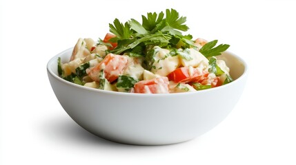 Creamy salad in white bowl on white background