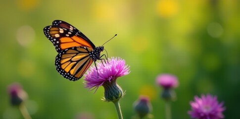 A monarch butterfly rests on a purple thistle, antenna delicately poised , wildflower, wildlife photography