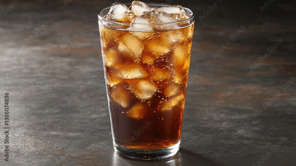Poster a glass of cola with ice and fizzing bubbles, set on a dark surface with enough space for branding o