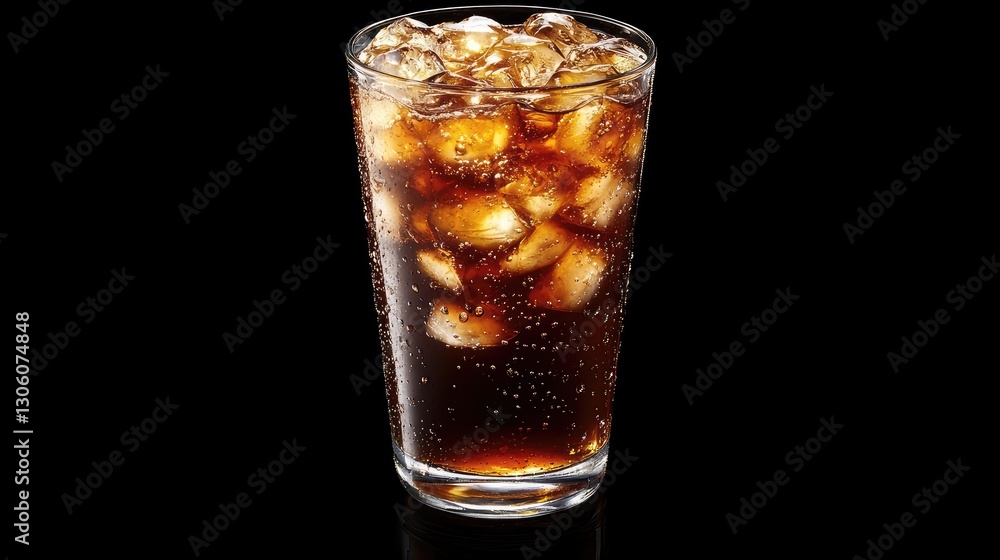 Poster a glass of cola with ice, creating a refreshing vibe with condensation droplets, set against a clean