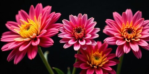 Close-up vibrant pink & yellow chrysanthemums, black backdrop, spring, image