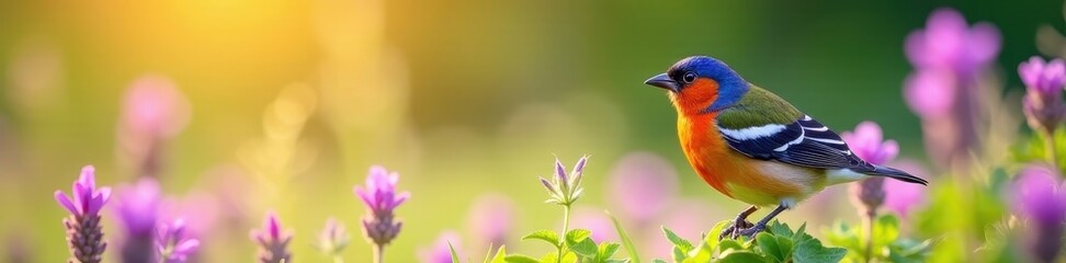 Obraz premium Colorful finch amidst purple blooms, sunlit meadow, color, sunlight, outdoor