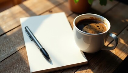 Coffee in a mug near a blank notepad and pen on rustic wood, sunlit, texture, wish