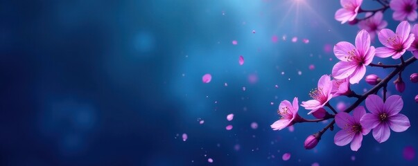 Obraz premium Deep blue gradient with scattered purple blossoms, subtle texture , photo, vibrant