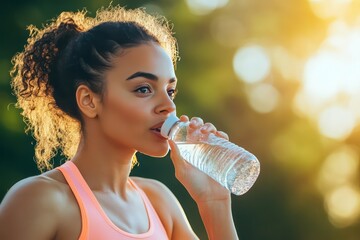 A portrait of an athletic woman sipping water from a bottle after exercising, demonstrating self-care and fitness in her daily routine.