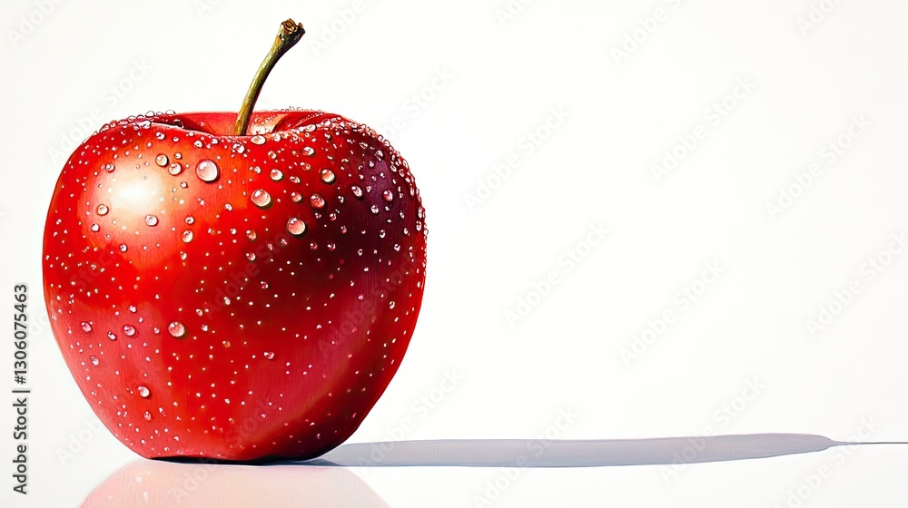 Poster a juicy red apple with dew drops on its shiny surface, resting on a clean white background with copy