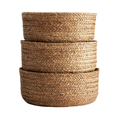 Three woven storage baskets stacked in a neat arrangement, showcasing their natural material and craftsmanship. isolated on white background.