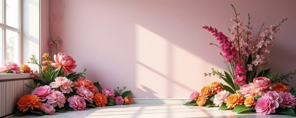 Dreamy studio, pastel walls, lush flower display, pink, style, purple