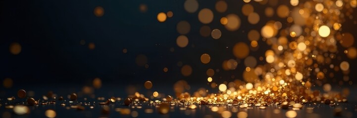 Elegant golden confetti cascades against a dark background, shine, new year, show