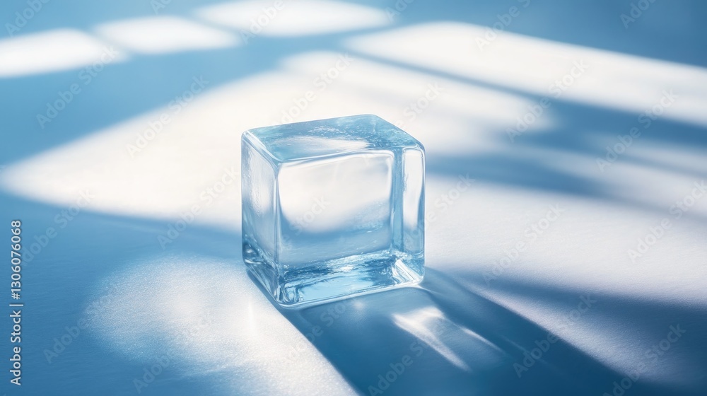 Poster a pure ice cube placed on a smooth surface with light shining through it, leaving plenty of space fo