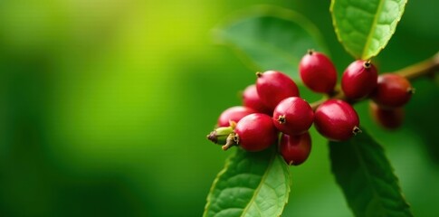 Obraz premium Fresh coffee branch with ripe beans and vibrant green leaves , agriculture, harvest