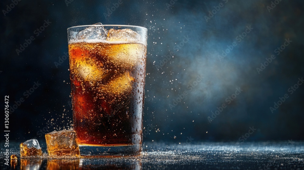 Poster a refreshing glass of cola with bubbles rising from ice cubes, set on a smooth surface with room for
