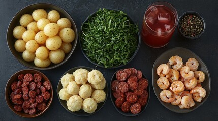 Appetizer Ingredients Arranged on Dark Surface