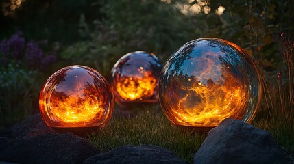 Glowing spheres in twilight garden scene casting a warm illuminating glow