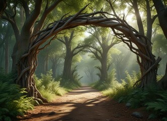 Natural wooden archway formed by the intersection of tree branches in the forest, leaves, foliage