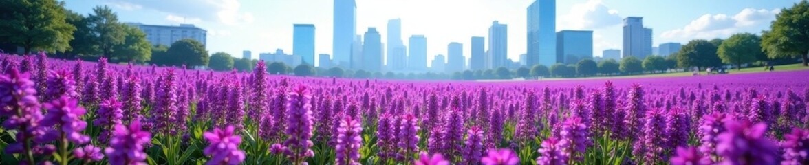 Giant purple flower field, towering buildings, massive, nature