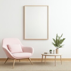 Pink Armchair and Wooden Frame in Minimalist Living Room