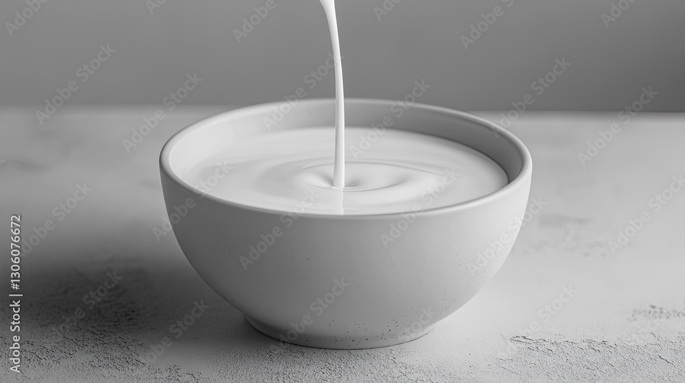 Poster a shot of a smooth liquid stream flowing gently into a clean cup, with space for text and a soft bac