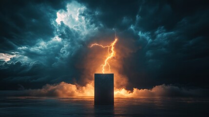 Empty podium illuminated by a bright flash of lightning, with dark storm clouds swirling in the background