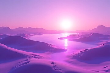 A cyber desert with shiny dunes, purple-blue skies, and a futuristic grid.