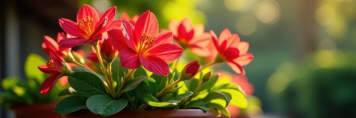 Lush red blossoms in colorful pot, bathed in sunlight, potted plants, colorful