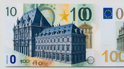 detail of a 100 euro bank note first edition reverse