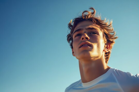 A powerful image of a young male runner training in nature, with clear skies and a determined expression on his face.