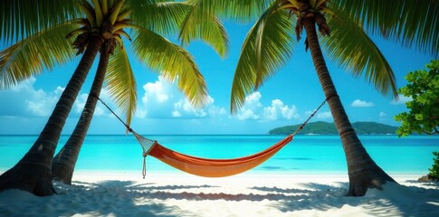 Serene hammock sways gently between palm trees on a pristine Maldivian beach , peaceful, hammock, image