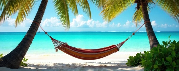 Fototapeta premium Serene hammock sways gently between palm trees, overlooking turquoise waves , horizon, water