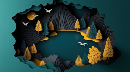 Artistic Paper Cut Illustration of a Lush Forest Scene with Depth