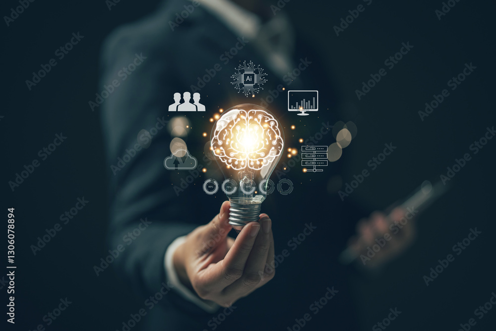 Poster businessman holding a light bulb that shines. idea search concept. education. using ai to help creat