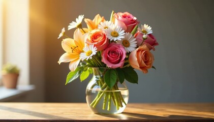 Fototapeta premium Sun-kissed roses, lilies, & daisies in glass vase , pink, summer, macro