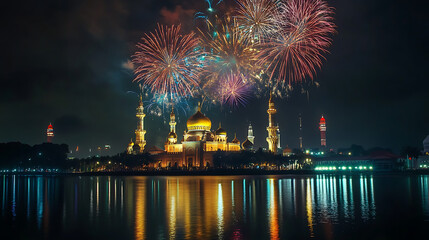 Spectacular fireworks illuminate a grand mosque by the lake at night, celebrating a festive occasion