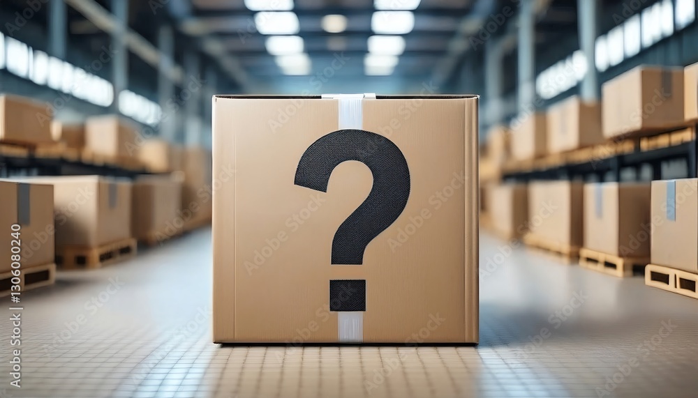 Poster a mysterious cardboard box with a question mark stands prominently in a warehouse filled with stacke