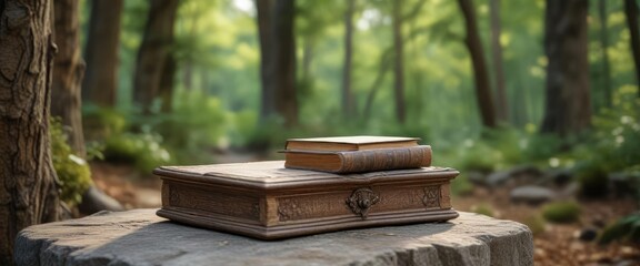 Old wooden book box on a stone pedestal in the woods, book, natural